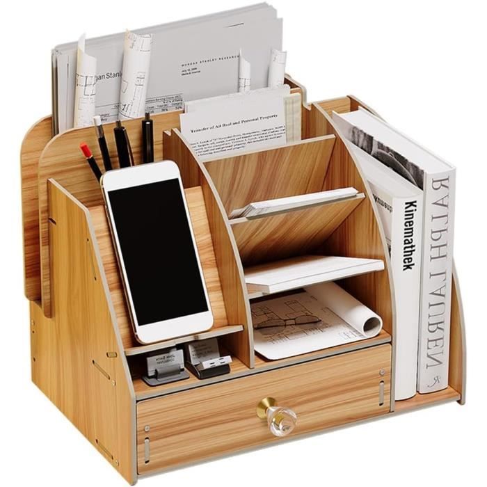 NUODWELL Organiseur Bureau Bois Avec Station Charge - Porte-Crayons, Téléphone, IPad - Blanc/Cerise/Noir