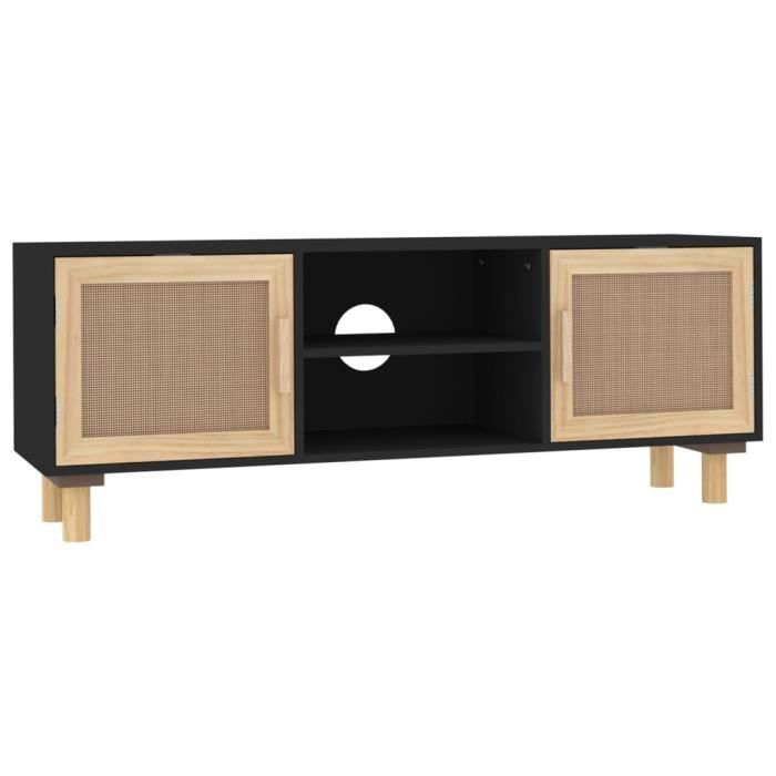 meuble tv noir 105x30x40cm bois de pin massif et rotin naturel hao-0f060801345616