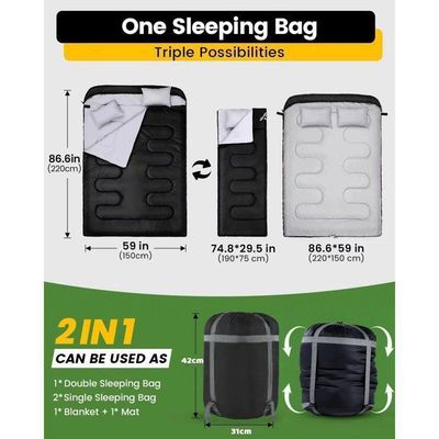 TOMSHOO Sac de Couchage Double 230×160cm, Duvet 2 Personnes Sac de Couchage Rectangulaire Détachable avec 2 Oreillers, Sac de Couchage Coton pour Camping Outdoor Maison