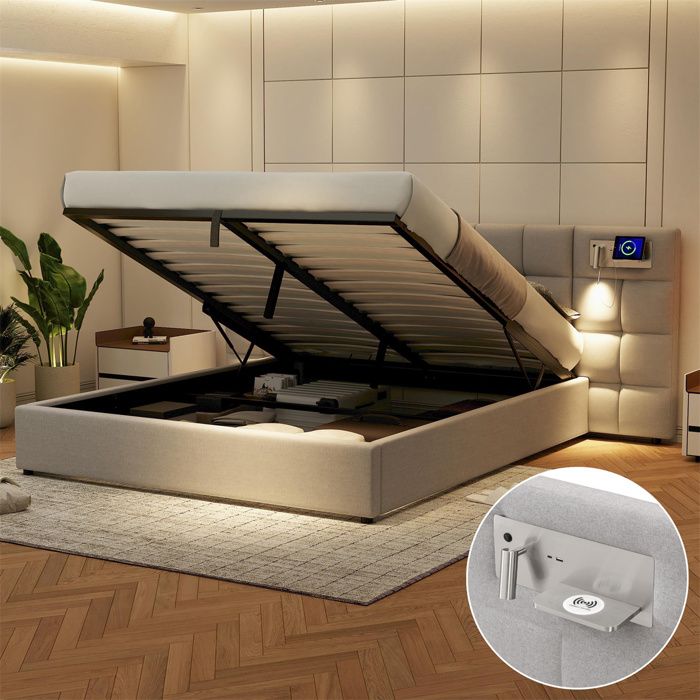 Lit Double Rembourré 180x200 Avec Lampe De Lecture Et Fonction De