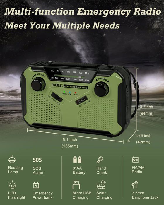 Radio Dynamo Solaire PRUNUS J-369 - Radio Portable Survie AM/FM Avec Power Bank 3000mAh, Lampe Et Alarme SOS