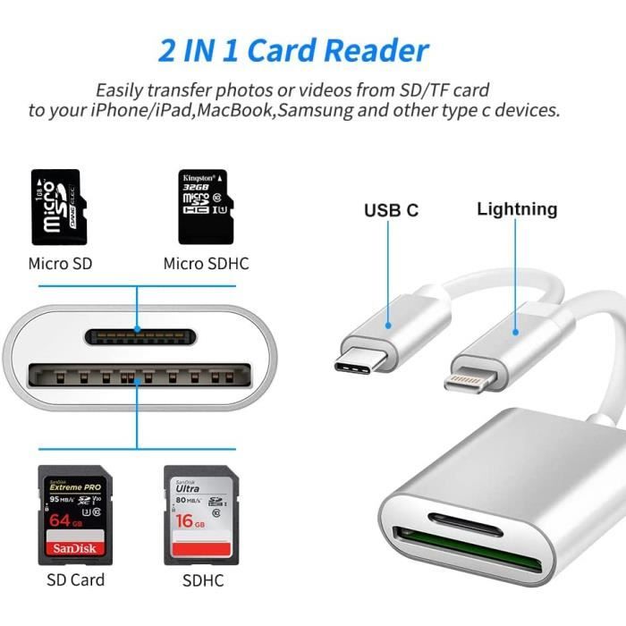 Lecteur de Carte SD pour iPhone/iPad, connecteur Lightning + USB C vers  Lecteur de Carte SD/TF Adaptateur Lecteur de Carte mémoire pour Micro SDXC