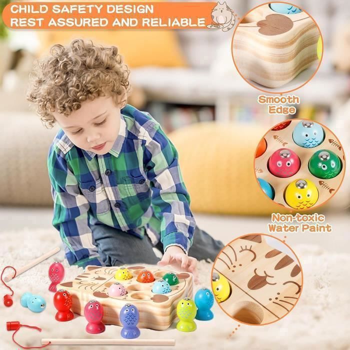 Toddmomy – 4 Cannes à Pêche Magnétiques En Bois 24 Cm – Jeu De Pêche éducatif Pour Filles Et Garçons