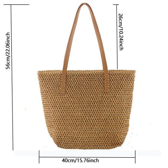 Grand Sac De Plage En Paille Pour Femme, Sac Fourre-tout Tissé Avec Fermeture éclair, Sac à Bandoulière D'été, B Style - Marron, Height