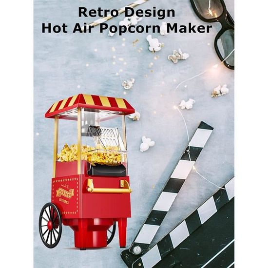 1200W Look Rétro Machine à Popcorn Air Chaud 1200W - Sans Huile Style Rétro - Facile à Utiliser Et à Nettoyer Machine à Pop Corn
