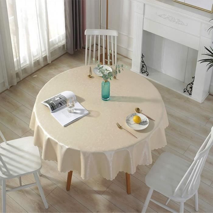 Nappe Ronde Anti-Tache Beige 120cm Nappe Impermable Effet Lin Polyester Pour Table Salle Manger