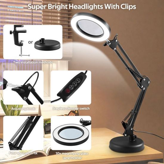 Loupe De Bureau 10X 30X Avec Lumière LED 60 Leds – Lampe Loupe Éclairée Mains Libres 5 Modes Couleur Pour Lecture, Bricolage, Couture