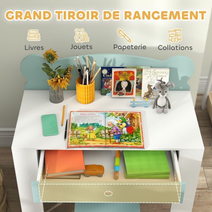 AIYAPLAY Bureau + Chaise Enfant 3-8 Ans - Effet Bois Naturel Avec Tiroir & Dossier Ours Mignon - Idéal Chambre & Salle De Jeux