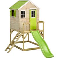 Kangui - Maison de jardin enfant extérieur - Cabane en Bois avec plateforme et toboggan - Toit étanche - Vert et Blanc