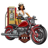 Plaque murale en métal Pinup Girl on Motorcycle at Vintage Gas Station, Industrial Retro Car Garage Decoration with Sexy Woman, 67