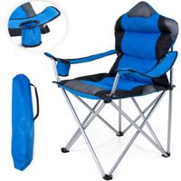 TRESKO Chaise de camping pliante BLEU | jusqu'à 150 kg | chaise de pêche, avec accoudoirs et porte-gobelets