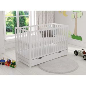 LIT BÉBÉ Lit d'enfant,lit bebe blanc 120x60cm avec tiroir, matelas et barre de sécurité
