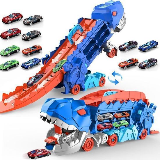 Camion Transporteur Dinosaure avec Piste Éjectable et 12 Mini Voitures