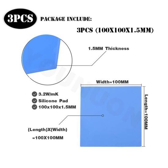 5 Pads Thermiques En Silicone 100x100 Mm - Épaisseurs 0,5/1/1,5/2/3 Mm - Conductivité 6 W/mK - Pour CPU, GPU, SSD