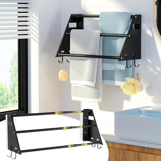 EUGAD Porte-Serviettes Salle De Bain 3 Niveaux - Support Métal Noir + Bois Chêne, 68x28x116,5 Cm