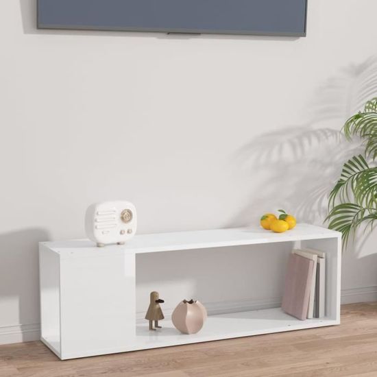 Meuble TV Blanc Brillant 100x24x32 Cm - Avec 2 étagères, Design Moderne - Pour Salon, Salle à Manger Ou Chambre - 13