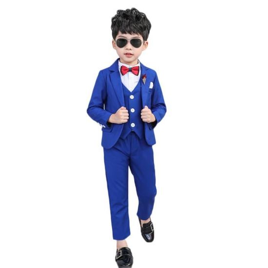 Costume 5 Pièces Garçon Mariage Baptême – Chemise + Gilet + Pantalon + Nœud Pap + Broche, Tenue Gentleman Élégante