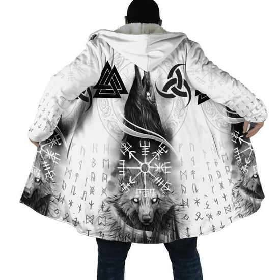 Manteau Viking Homme Hiver – Parka Cachemire Avec Imprimé Loup Fenrir 3D, Doublure Sherpa – Style Médiéval - 7