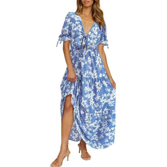 Femme Et Robe Bohme Col V Profond Manches Courtes Floral Multicouches ...