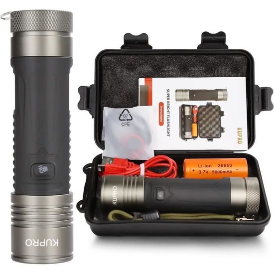 Lampe Torche LED P100 Rechargeable, Puissante, Super Lumineuse, 10 000 Lumens, Zoomable, étanche, 5 Modes, Piles Incluses, Idéale Pour Le Camping En