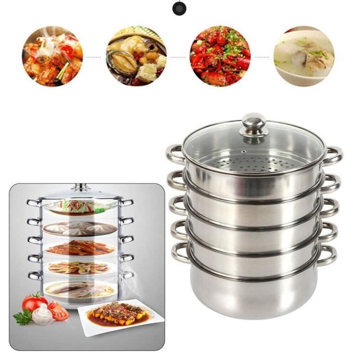 OUKANING Cu ur Vapeur 5 Niveaux en Acier Inoxydable avec Couvercle en Verre Steamer de 28 cm de Diamètre Cuit-Vapeur en INOX po A70