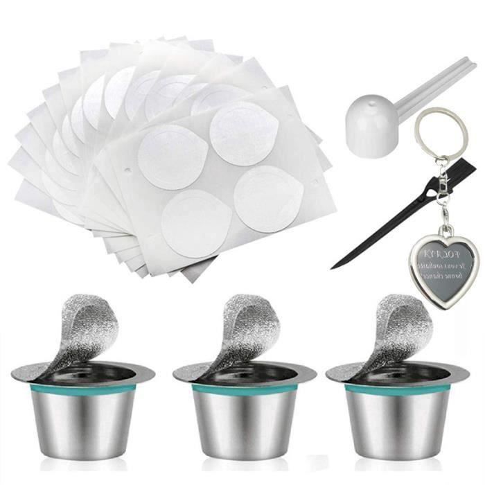 3 Pcs Capsules de Café Nespresso Capsules pour Café Rechargeables Inox avec 60pcs Foil Seals,1 Cuillere à Cafe et 1 Brosse SCB31