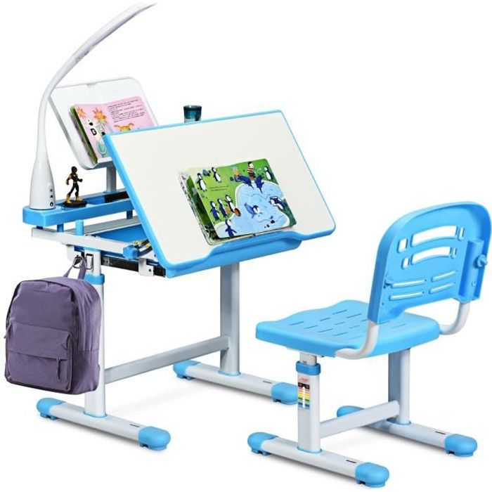 COSTWAY Ensemble Bureau et Chaise avec Lampe Enfants Inclinable 0-40° Hateur Réglable et Table à Dessin avec 1 Tiroir Bleu