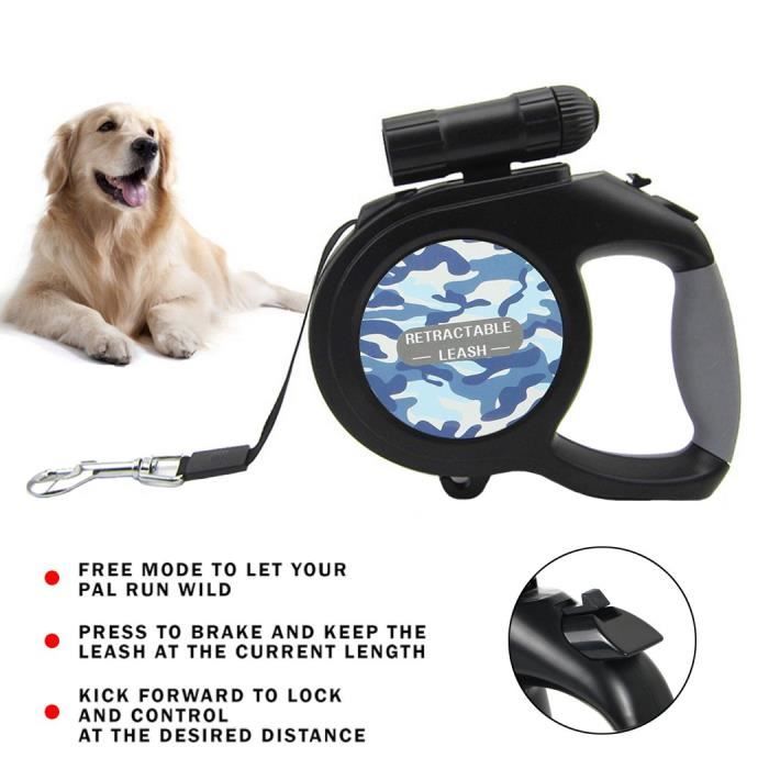 Laisse Enrouleur rétractable pour Chien avec Lampe LED et Ruban Sûr 8M enrouleur Jusqu’à 50KG, Bleu