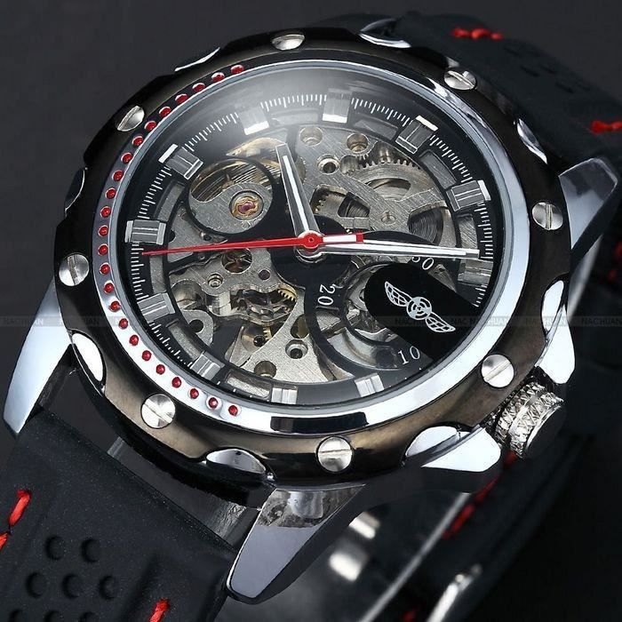 Montre homme automatique-mécanisme visible hublot-Bracelet silicone