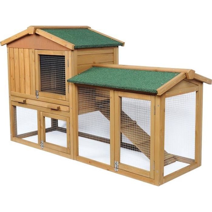 EUGAD Clapier à lapin, Cage de lapin en bois,Cabane à lapin enclos en bois de 2 étages et 3 portes,85x147x53cm