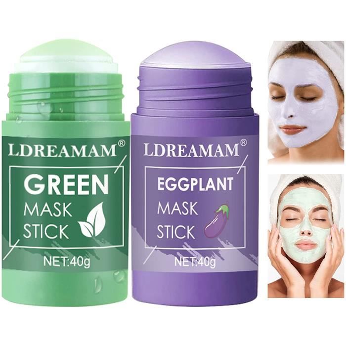 Green Mask Stick,Purifying Clay Stick Mask,Green Tea Stick Masque anti-acné nettoyant en (thé vert+aubergine)