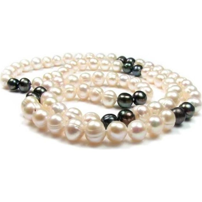 Collier Sautoir Opéra Femme en Perles de culture Baroques Blanches et Noires - - Blue Pearls 5532