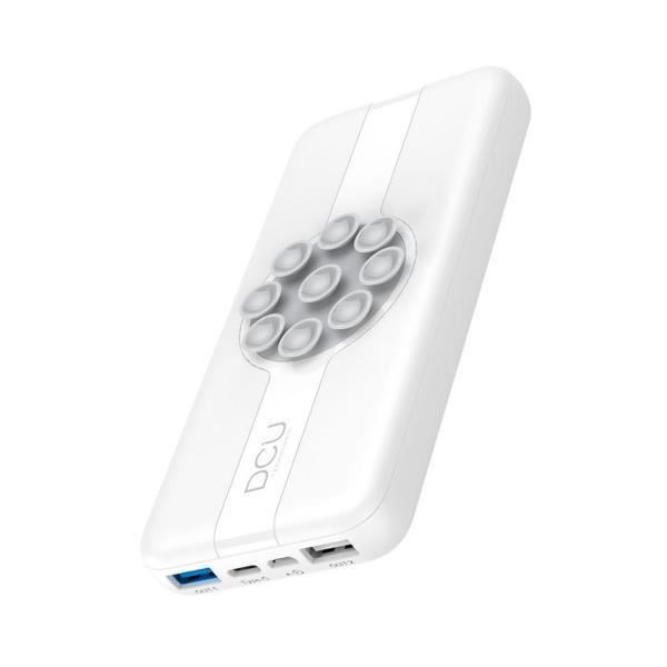 Powerbank DCU 34155016 en blanc 10 000 mAh avec charge sans fil à 10 W, charge rapide 1xUSB-A à 18W et USB-C à 18W, connexions :