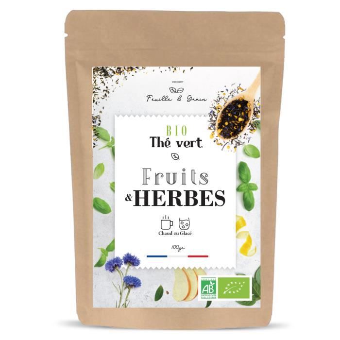 Fruits & Herbes - Thé Vert Aromatisé Bio - Fruit Mélangé - Feuilles en Vrac - Plante Naturelle pour Infusion de qualité - Poids 100g
