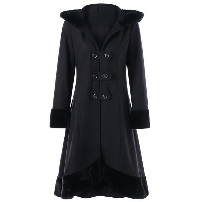 Hiver chaud femmes manteau de laine Trench veste ceinture à capuche pardessus Outwear Noir