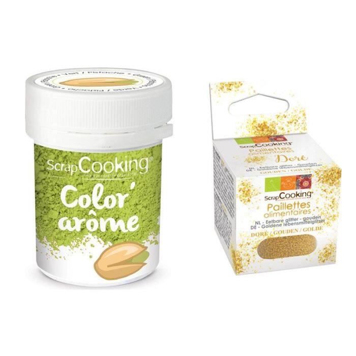 Colorant alimentaire vert arôme pistache + paillettes dorées