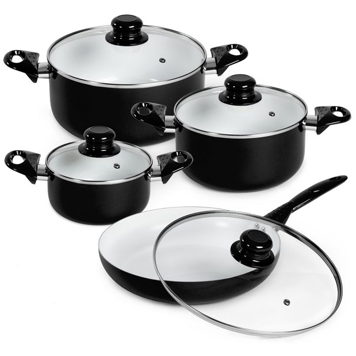 TECTAKE Batterie de Cuisine 8 Pièces (1 Poêle - 3 Casseroles - 4 Couvercles) en Aluminium et Revêtement en Céramique Noir