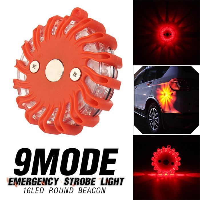 16LED Lampe avertissement - clignotant à piles - 9modes étanche sécurité voiture - ROUGE