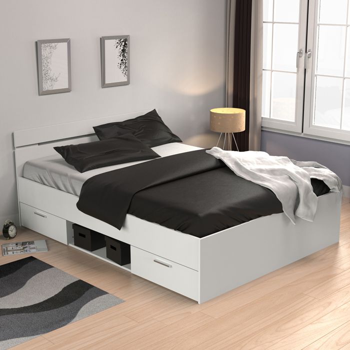 Lit tiroir blanc perle avec sommier et matelas 140x190 - Blanc - Fabriqué en France - Terre de Nuit