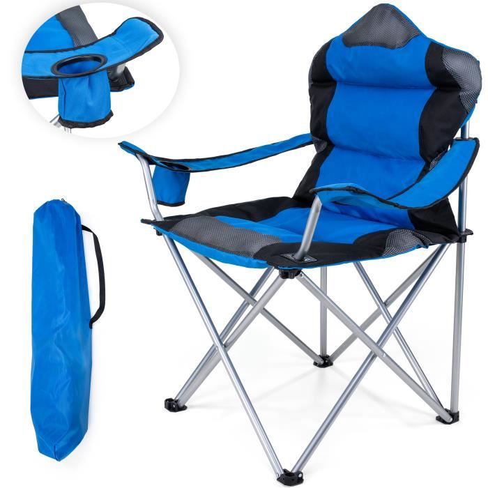TRESKO Chaise de camping pliante BLEU - jusqu'à 150 kg - chaise de pêche, avec accoudoirs et porte-gobelets