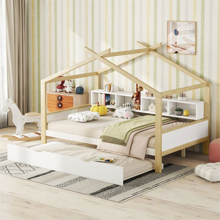 Lit cabane 140x200cm, lit de maison d'enfant, équipé d'un lit gigogne, 4 compartiments de rangement, blanc