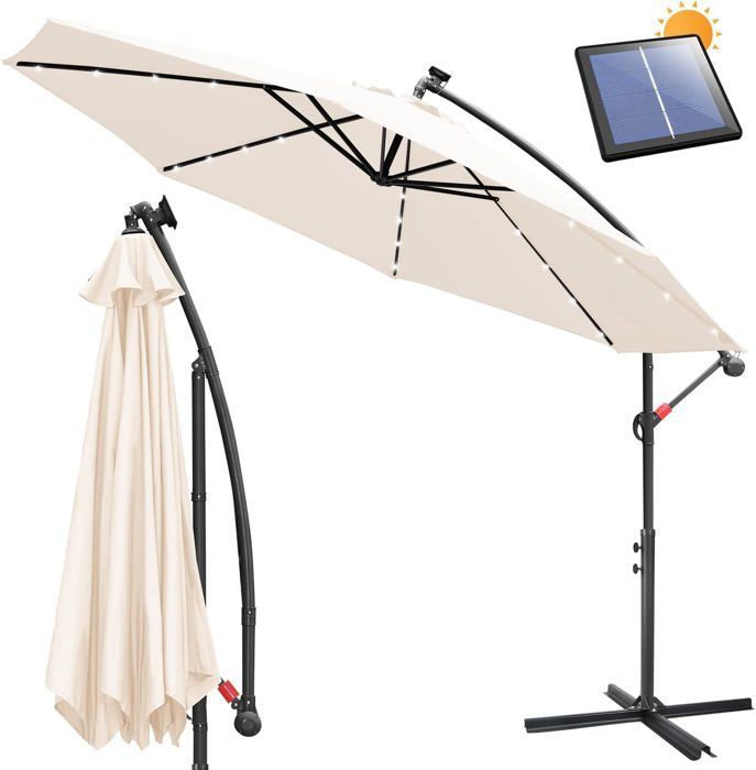 Beige 350/300 cm Parasol de jardin exterieur avec éclairage Solaire LED, Parasol Déporté en Aluminium avec Protection UV, pour