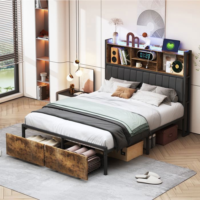 Lit adulte lit bois fer 160×200 avec LED+USB 2 tiroirs lit adult lit ado style industriel noir