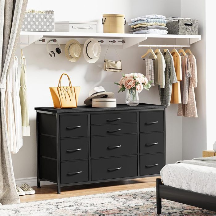 Commode de chambre - PROMIRACAL - 121x39x70cm - 10 tiroirs en tissu - Cadre acier dessus bois - Prise électrique intégrée