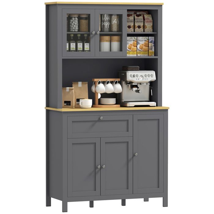 Armoire de cuisine HOMCOM buffet cuisine avec 3 placards tiroir niches passe-câble étagères réglables et portes vitrées gris