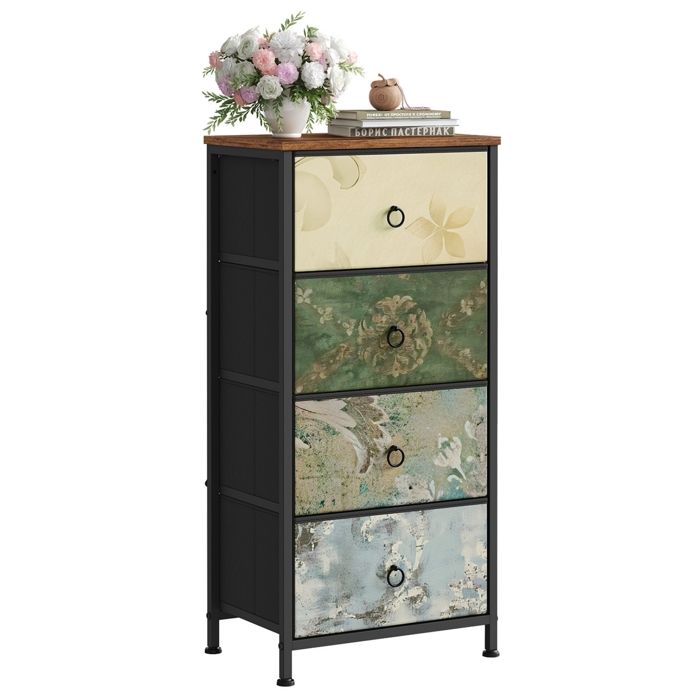 Commode WOLTU Meuble à 4 Tiroirs en Tissu Métal et Bois dIngénierie E1 Motif de Fleur Vintage W0ITT5035