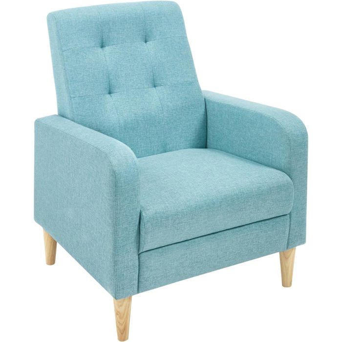 Fauteuil relax scandinave bleu - WOLTU - Rembourré en lin - Pieds en bois massif - Avec accoudoirs - Dossier haut Fauteuil relax scandinave bleu - WOLTU - Rembourré en lin - Pieds en bois massif - Avec accoudoirs - Dossier haut