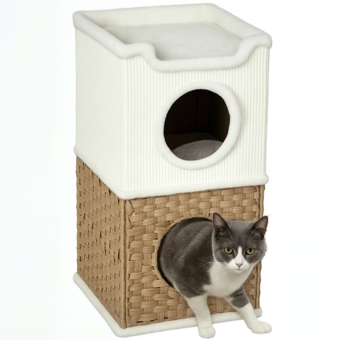 Comparer les prix de Niche pour chat d'intérieur - PawHut - 3 niveaux - plateau supérieur - tonneau à gratter en sisal - 41 x 41 x 75,5 cm - crème