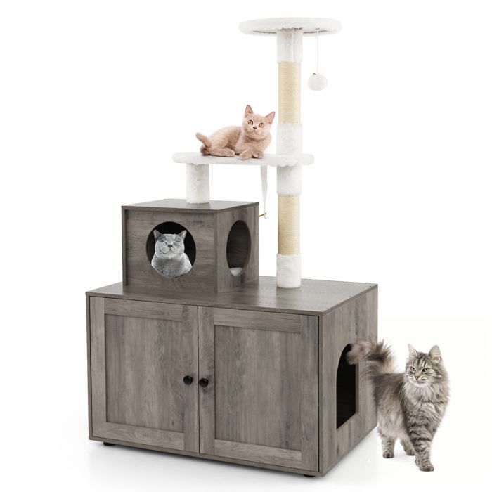 Meilleurs prix pour Arbre à Chat en Bois 132 cm COSTWAY, Tour pour Chats avec Cache-Litiere, 2 Plateformes, Condo, Poteaux à Griffer en Sisal, Ivoire
