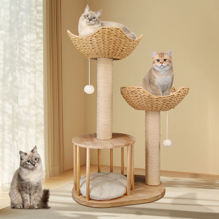 Comparer les prix de Arbre à Chat, Hauteur 99 cm, Tour de Jeu avec Panier, Bois Massif, Poteau Griffoir en Sisal, Niche, 2 Plate-Formes, 2 Pompons